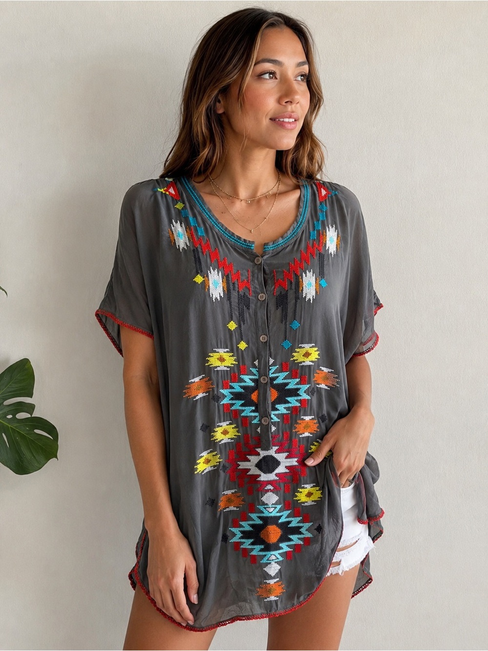 Biya Johnny Was Style 100% Silk Embroidered Southwestern Tunic Top M